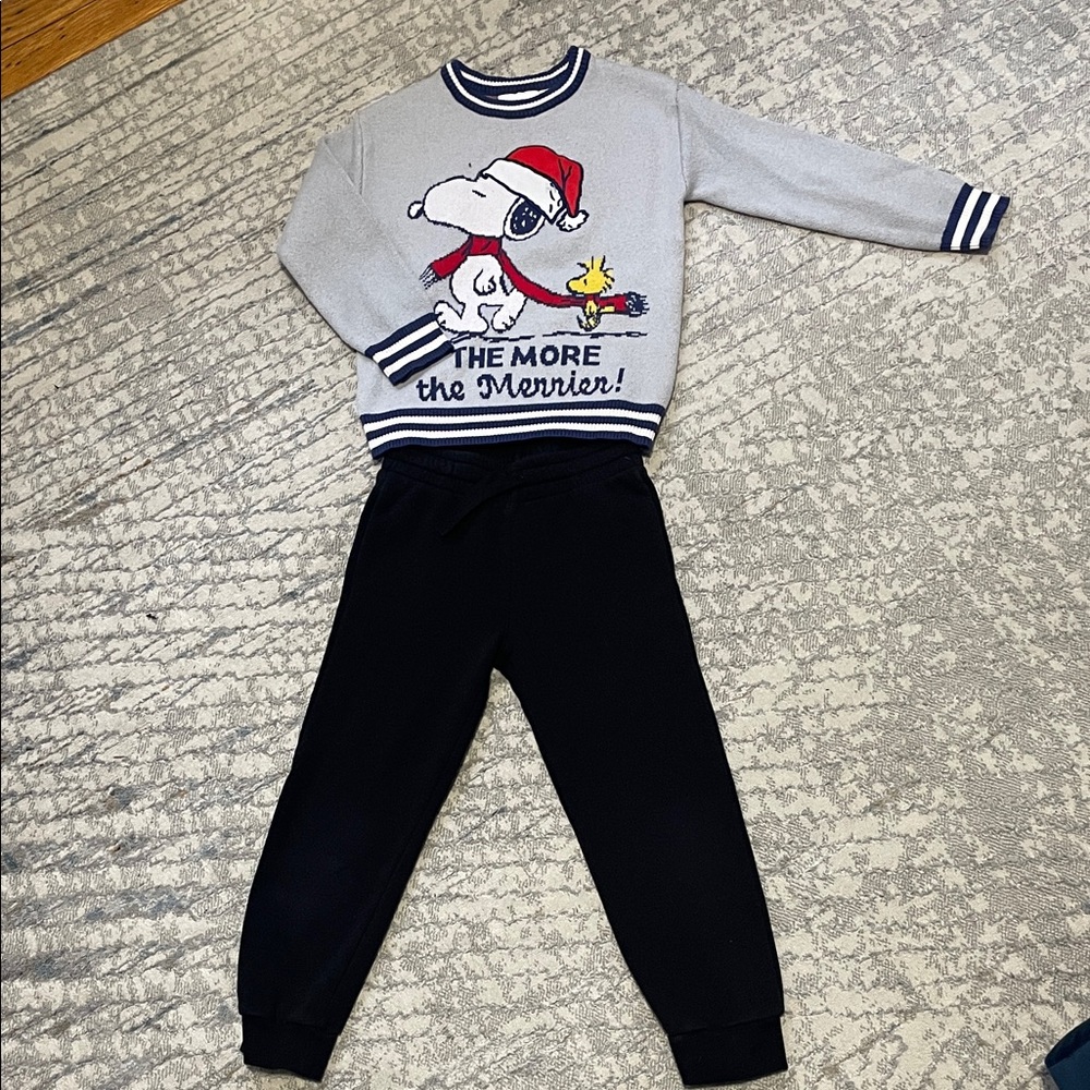 H&M Grey Snoopy Holiday Sweater with Black Joggers